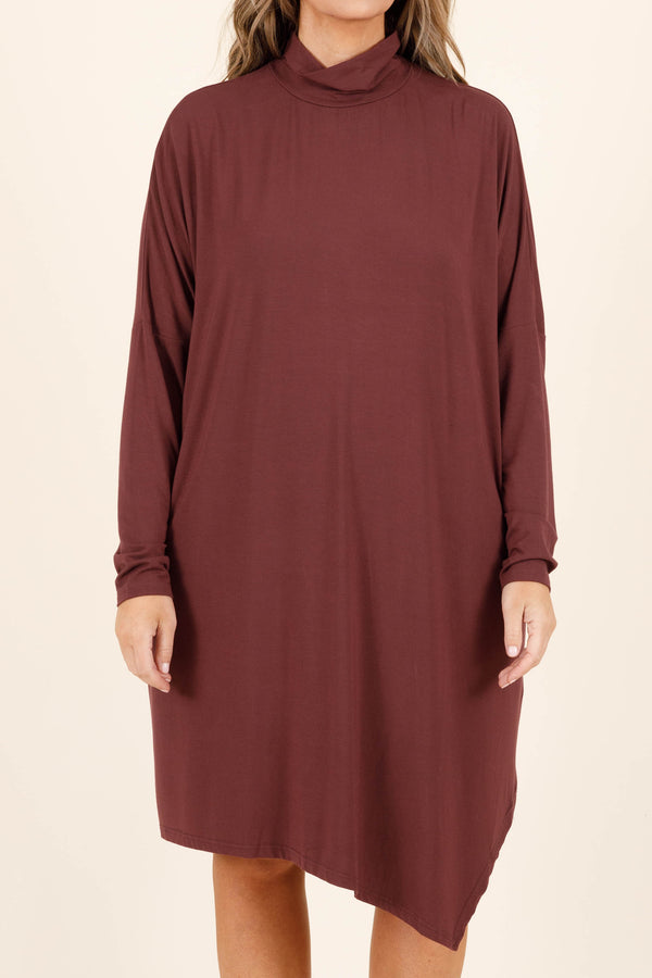 Chic Soul plus size clothing, plum long sleeve flowy dress with a high neckline