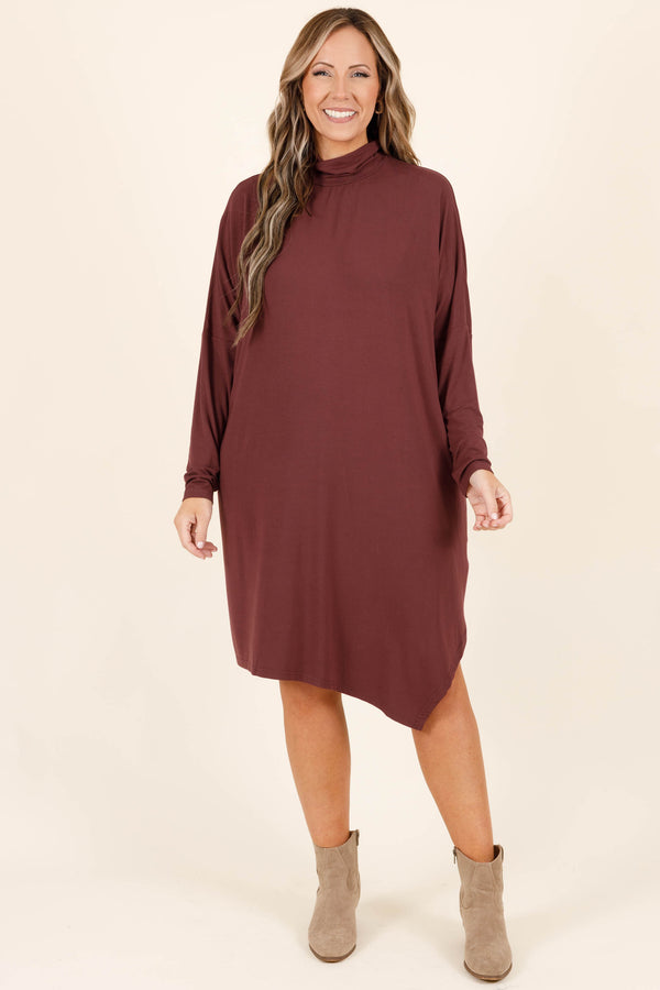 Chic Soul plus size clothing, plum long sleeve flowy dress with a high neckline