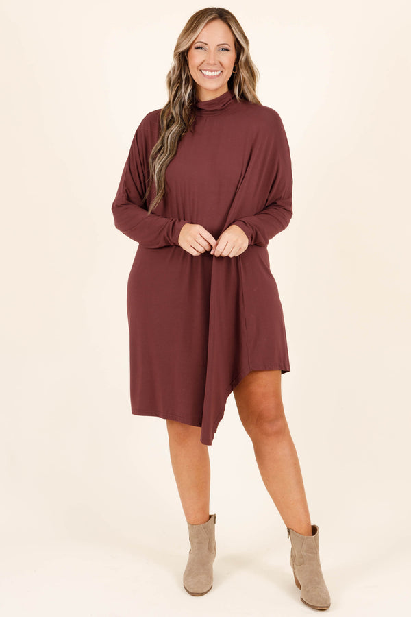 Chic Soul plus size clothing, plum long sleeve flowy dress with a high neckline