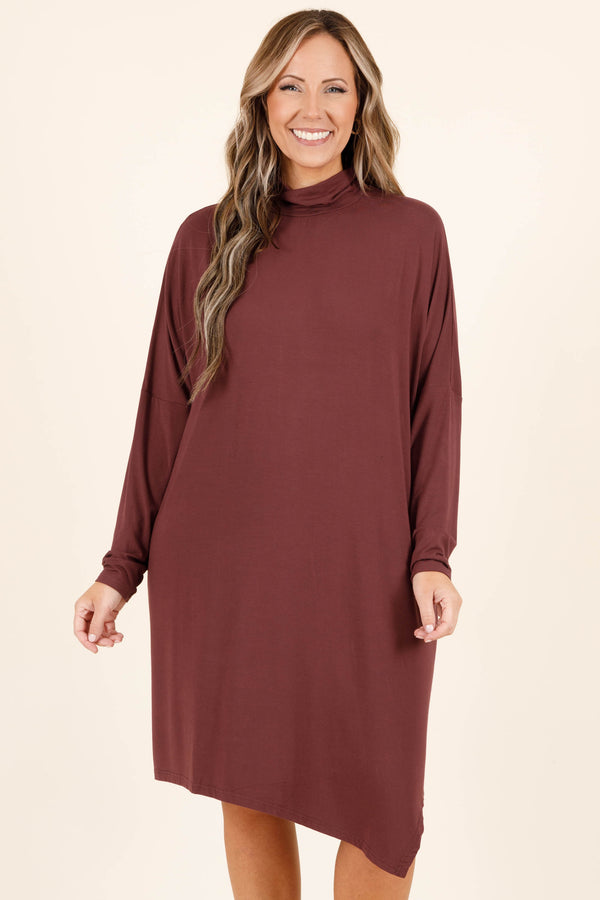Chic Soul plus size clothing, plum long sleeve flowy dress with a high neckline