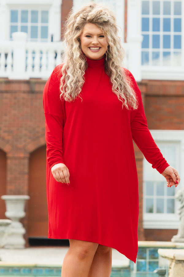 Chic Soul plus size clothing, red turtleneck long sleeves dress with asymmetrical hemline design
