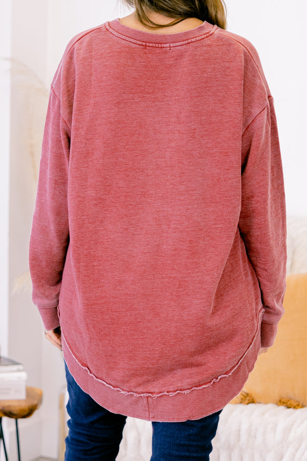 Chic Soul plus size clothing, heather wine red long sleeve shallow v-neck pullover sweater top