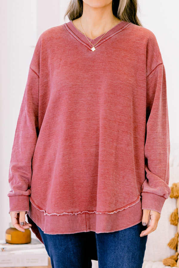 Chic Soul plus size clothing, heather wine red long sleeve shallow v-neck pullover sweater top