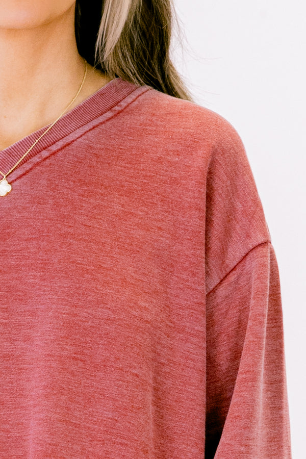 Chic Soul plus size clothing, heather wine red long sleeve shallow v-neck pullover sweater top