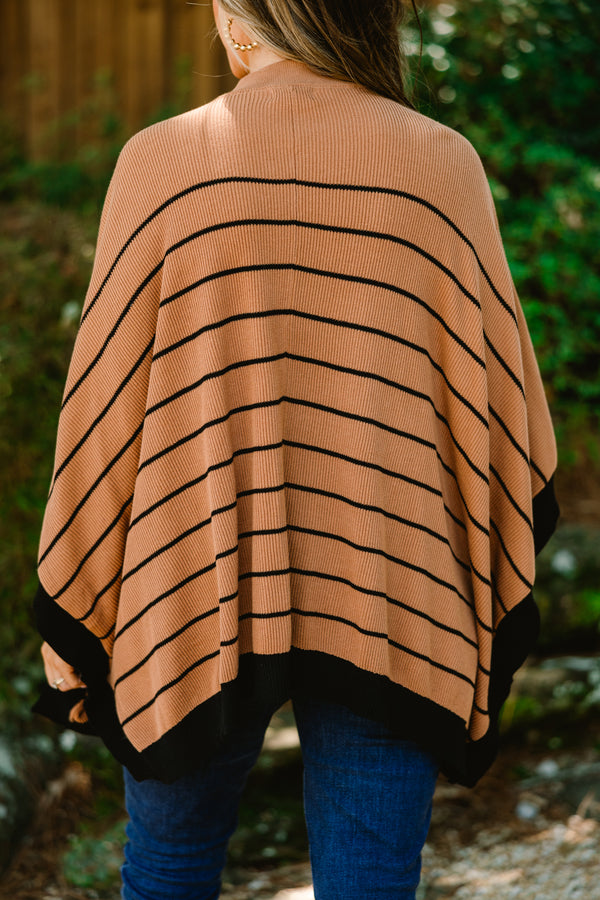 Chic Soul plus size clothing, tan poncho sweater with thin black horizontal striipes