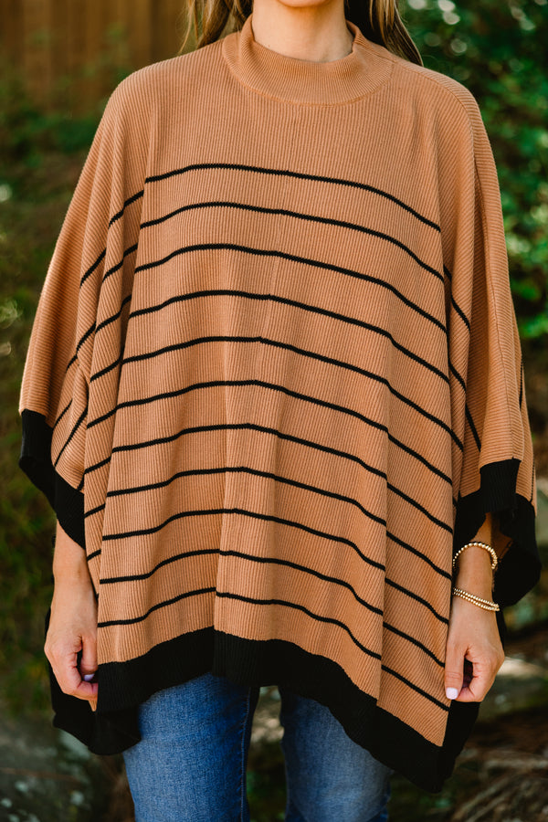 Chic Soul plus size clothing, tan poncho sweater with thin black horizontal striipes