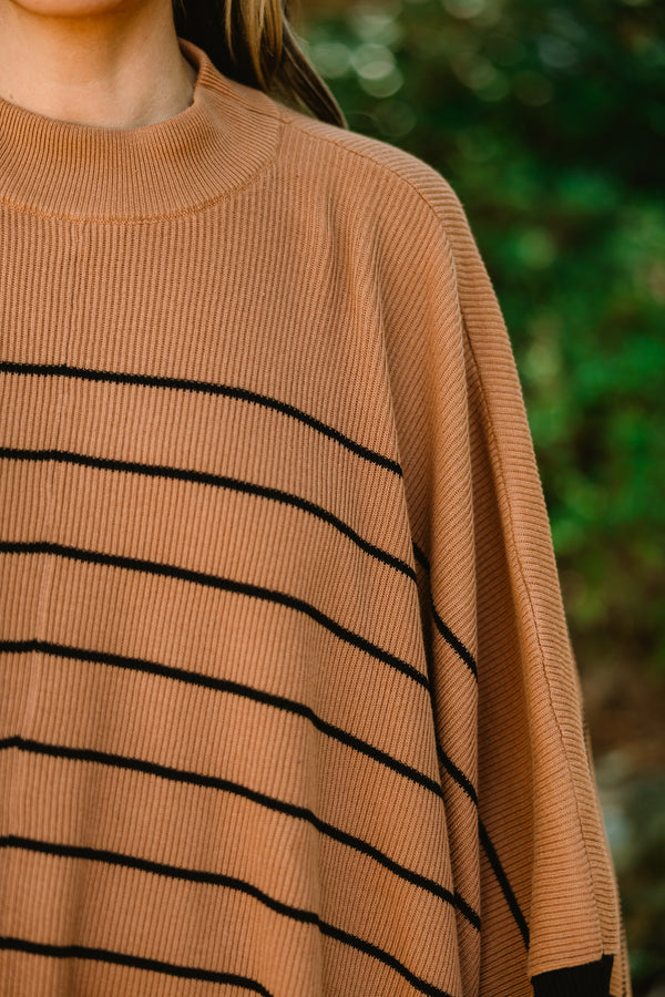 Chic Soul plus size clothing, tan poncho sweater with thin black horizontal striipes