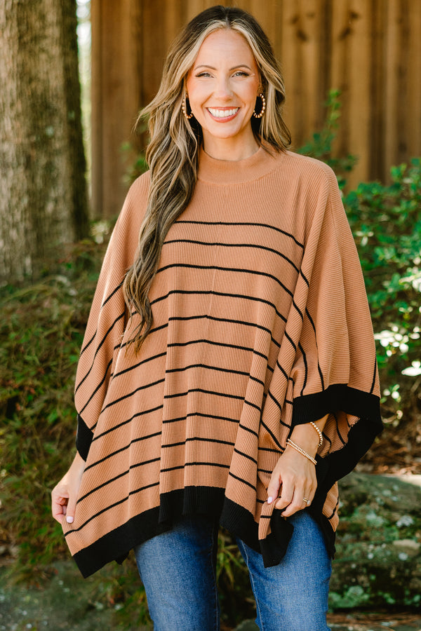 Chic Soul plus size clothing, tan poncho sweater with thin black horizontal striipes