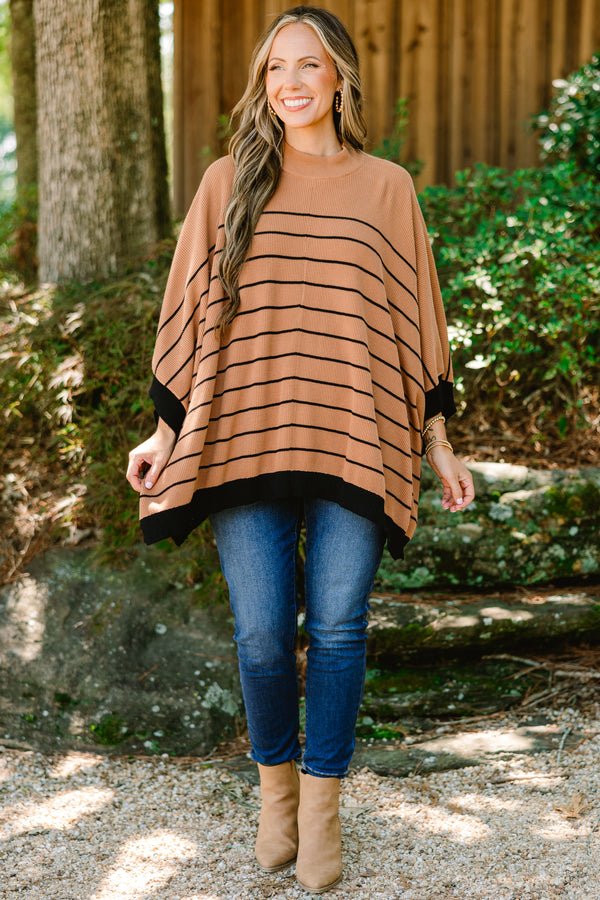 Chic Soul plus size clothing, tan poncho sweater with thin black horizontal striipes