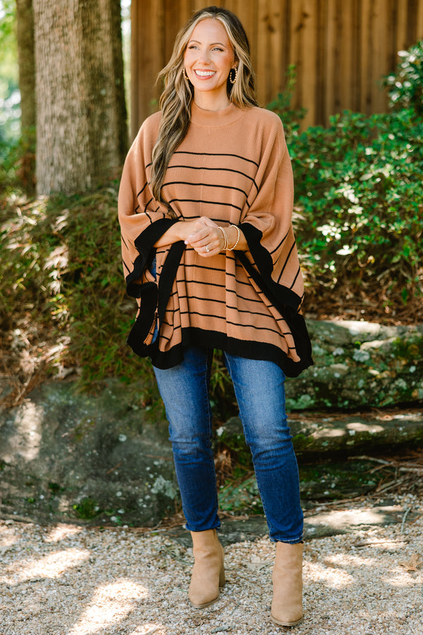 Chic Soul plus size clothing, tan poncho sweater with thin black horizontal striipes