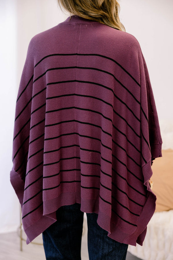 Chic Soul plus size clothing, dark purple mock neck 3/4 sleeve poncho with thin black horizontal stripes