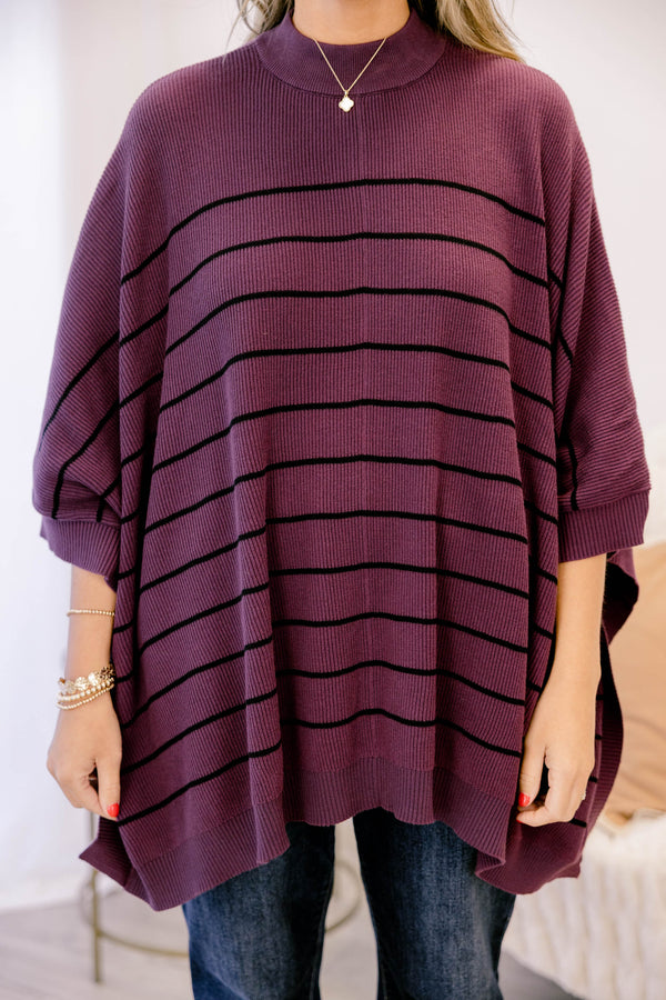 Chic Soul plus size clothing, dark purple mock neck 3/4 sleeve poncho with thin black horizontal stripes