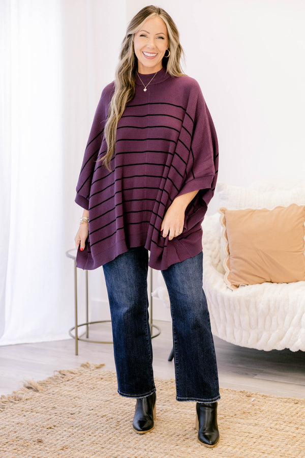Chic Soul plus size clothing, dark purple mock neck 3/4 sleeve poncho with thin black horizontal stripes