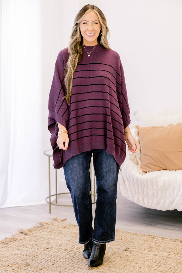 Chic Soul plus size clothing, dark purple mock neck 3/4 sleeve poncho with thin black horizontal stripes