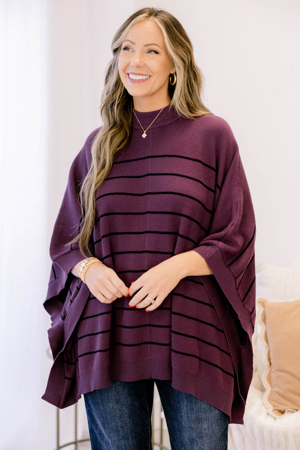 Chic Soul plus size clothing, dark purple mock neck 3/4 sleeve poncho with thin black horizontal stripes