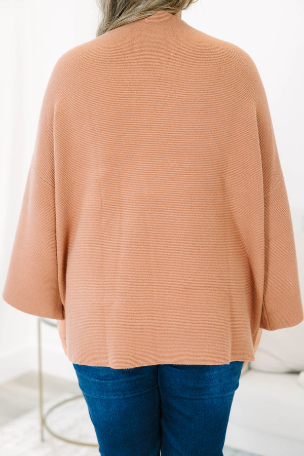 Plus Size brown ribbed knit sweater with a mock neckline and relaxed dolman sleeves.