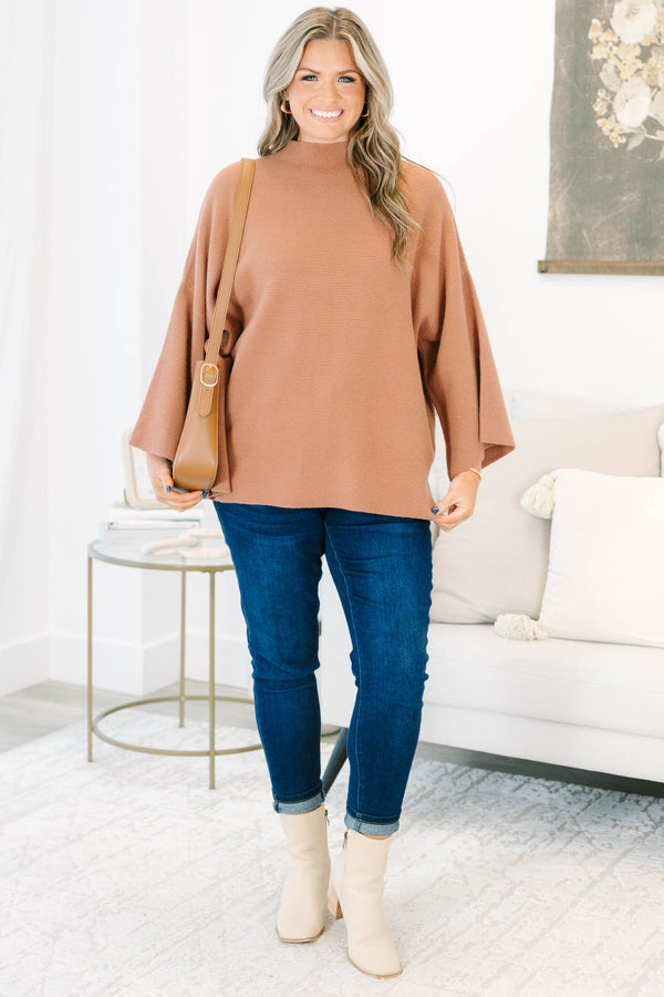 Plus Size brown ribbed knit sweater with a mock neckline and relaxed dolman sleeves.