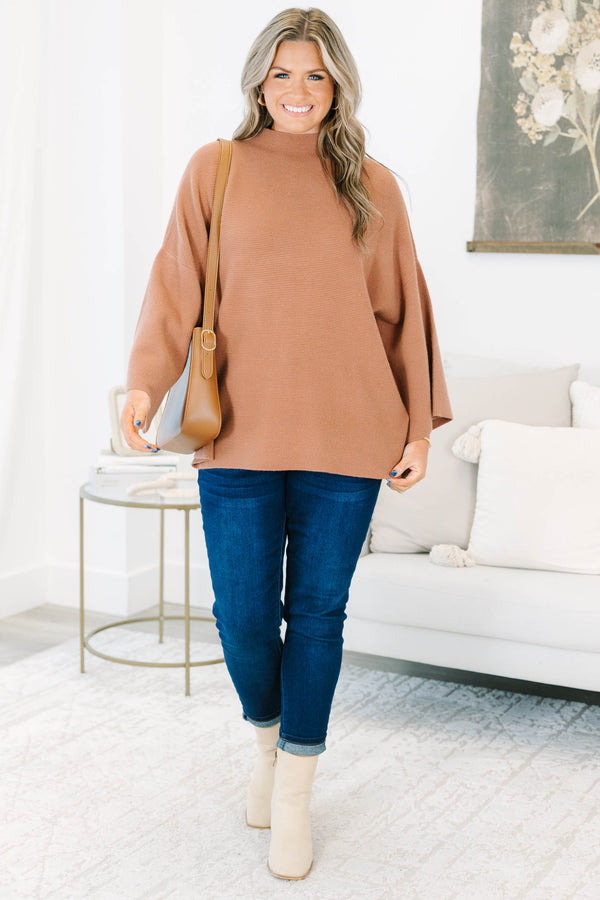 Plus Size brown ribbed knit sweater with a mock neckline and relaxed dolman sleeves.