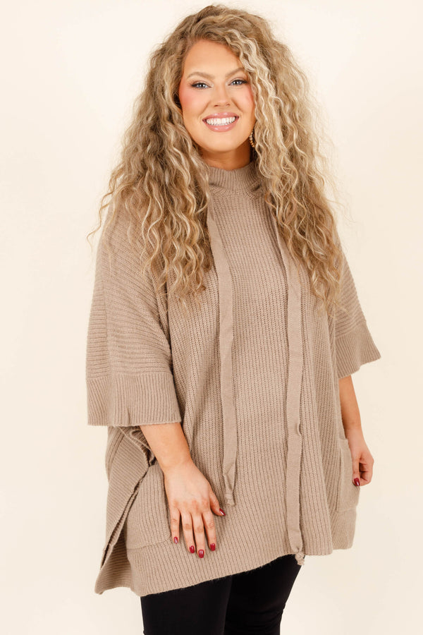 Chic Soul plus size clothing, taupe colored mid length sleeve sweater with texture and adjustable hood and oversized pockets detailing