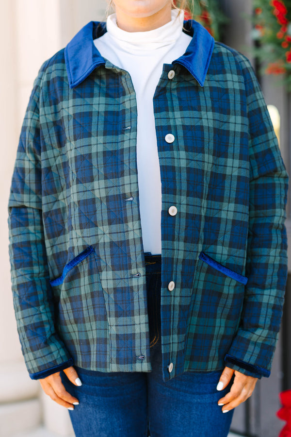 Plus size green plaid quilted jacket with blue velvet collar and pocket trim.