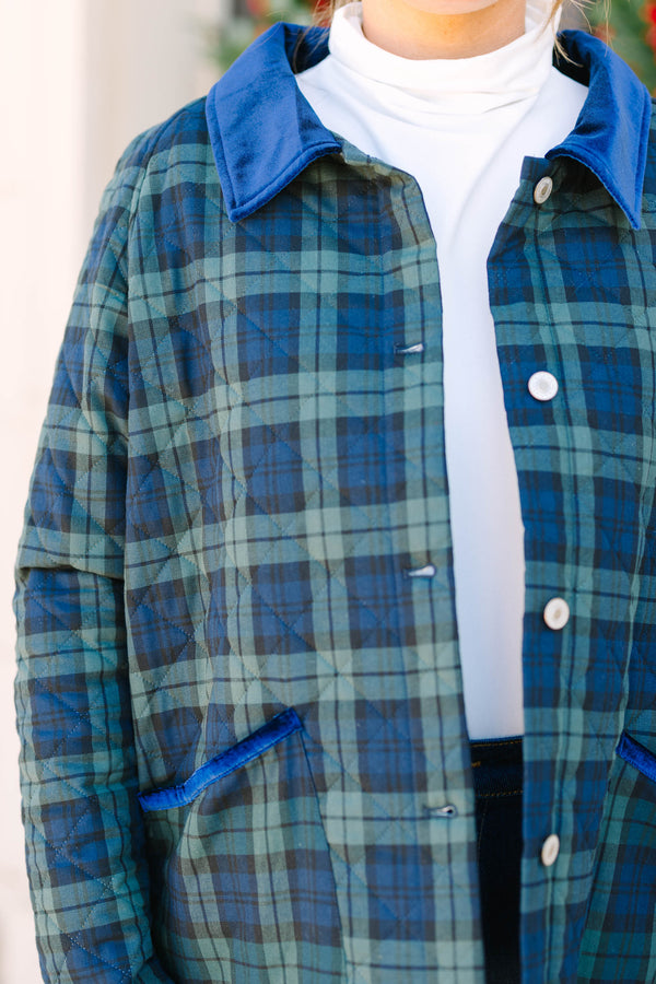 Plus size green plaid quilted jacket with blue velvet collar and pocket trim.