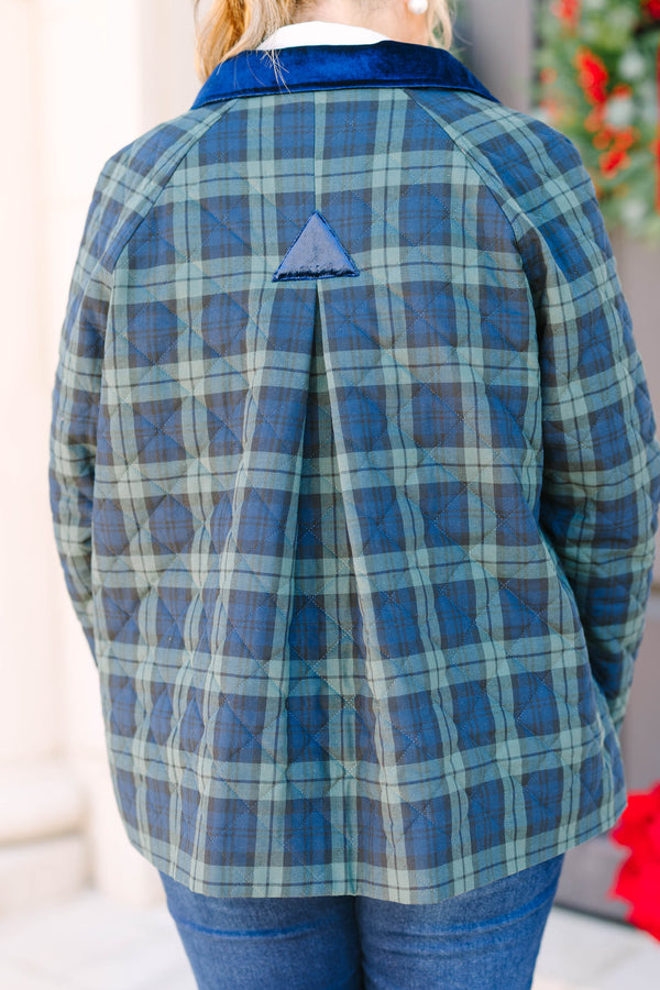 Plus size green plaid quilted jacket with blue velvet collar and pocket trim.