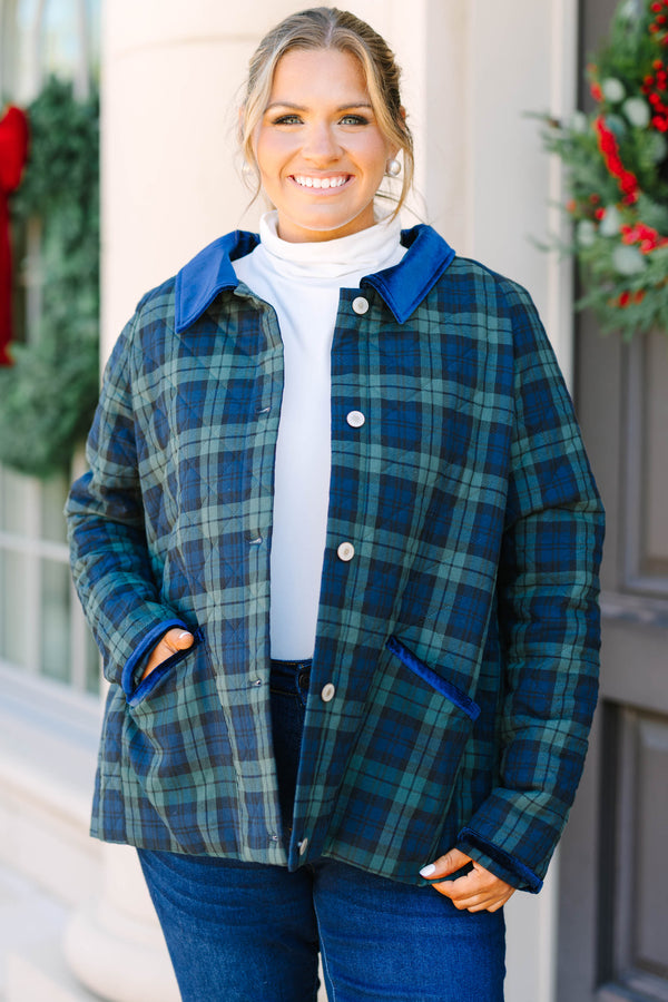 Plus size green plaid quilted jacket with blue velvet collar and pocket trim.