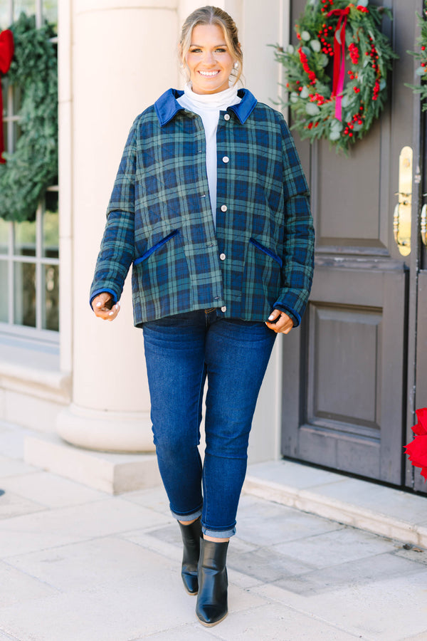 Plus size green plaid quilted jacket with blue velvet collar and pocket trim.