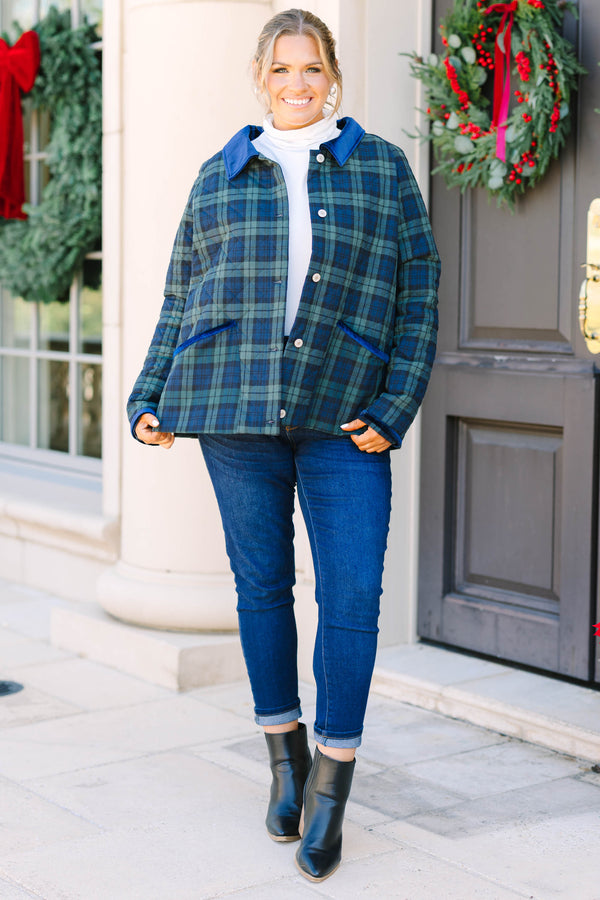 Plus size green plaid quilted jacket with blue velvet collar and pocket trim.