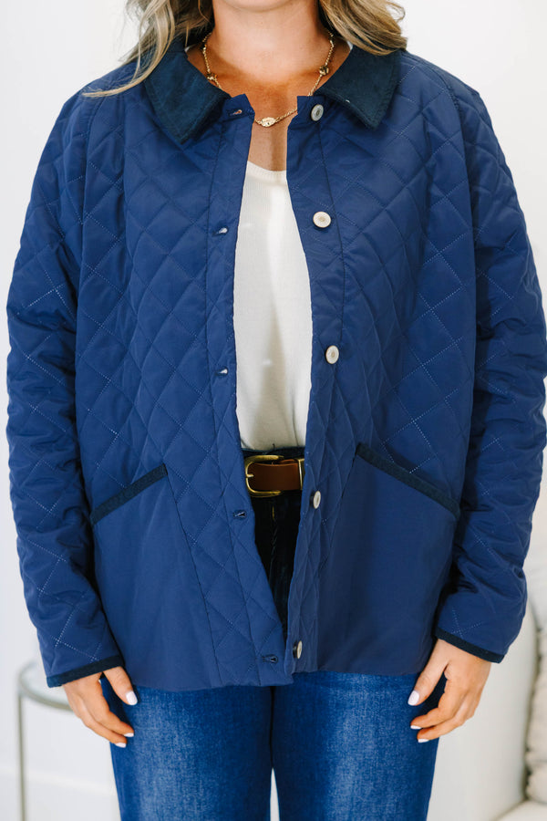 Plus size clothing, navy quilted jacket with snap buttons