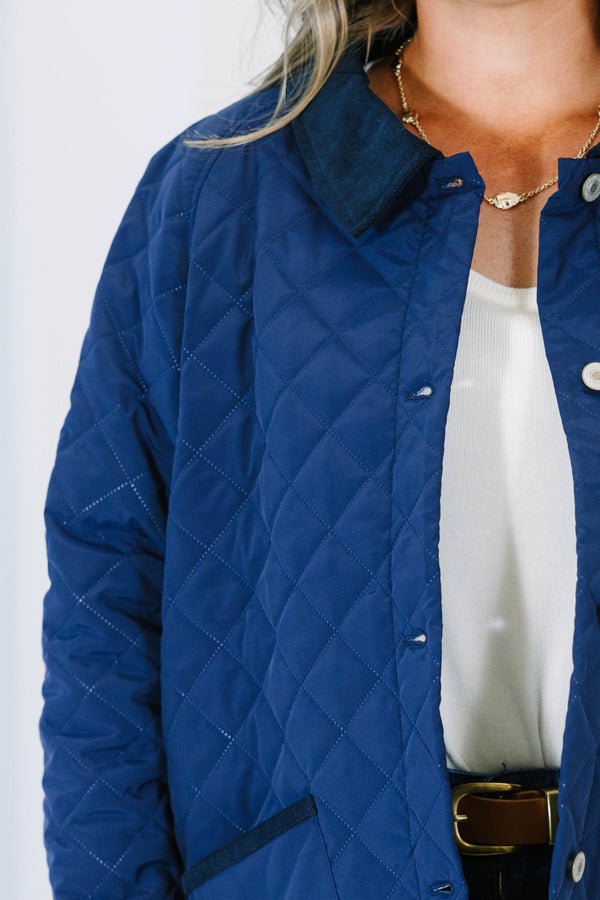 Plus size clothing, navy quilted jacket with snap buttons