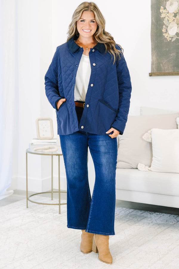 Plus size clothing, navy quilted jacket with snap buttons