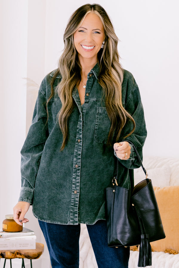 Chic Soul plus size clothing, olive corduroy shacket 