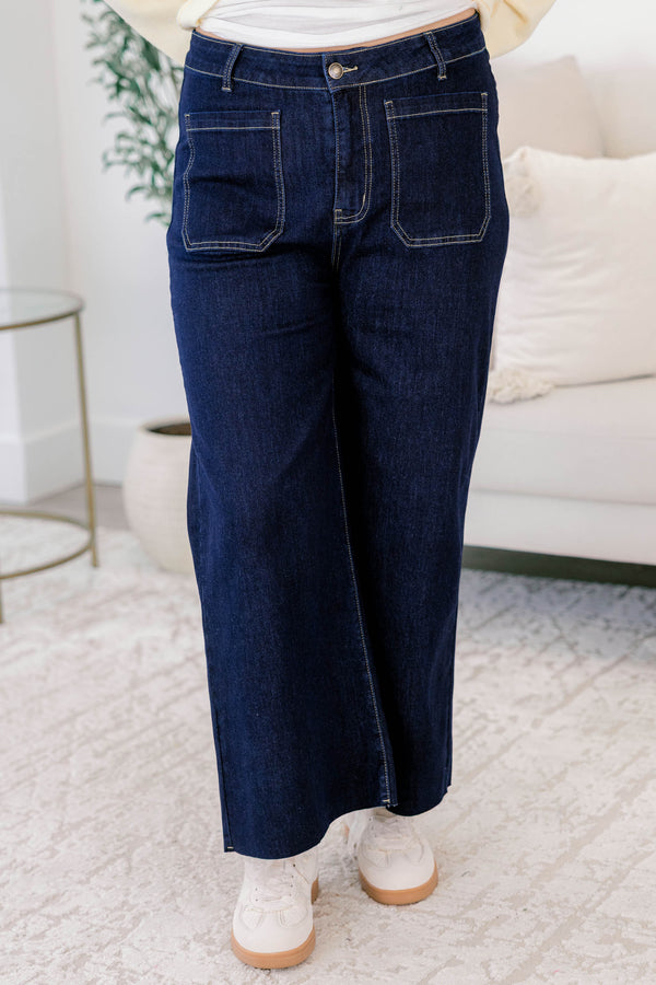 Chic Soul plus size clothing, dark wash straight leg jeans with front sailor pockets and a finished hem