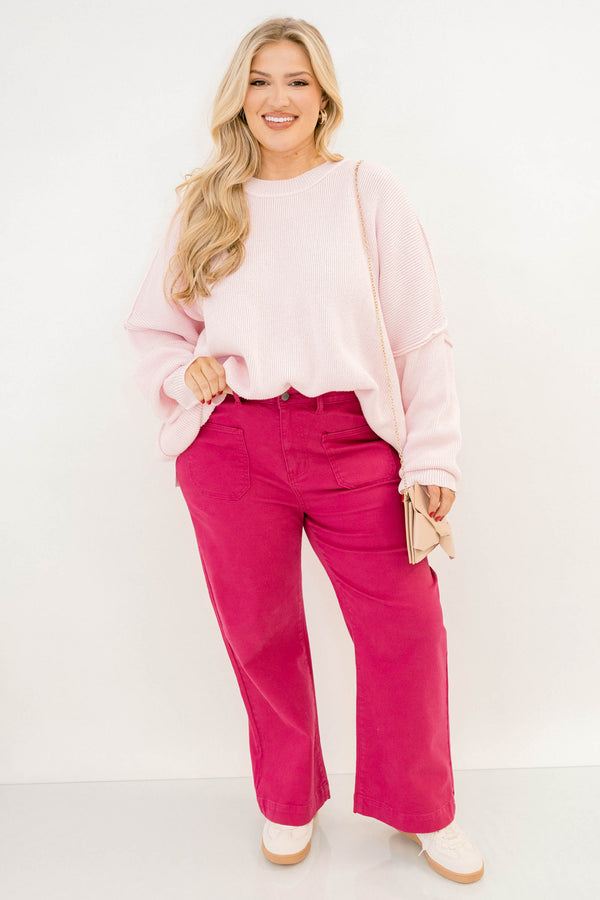Chic Soul plus size clothing, hot pink straight leg jeans with front sailor pockets and a finished hem