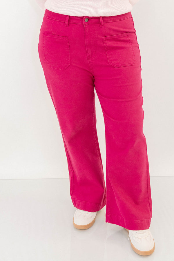 Chic Soul plus size clothing, hot pink straight leg jeans with front sailor pockets and a finished hem