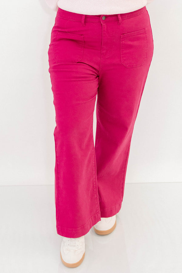 Chic Soul plus size clothing, hot pink straight leg jeans with front sailor pockets and a finished hem