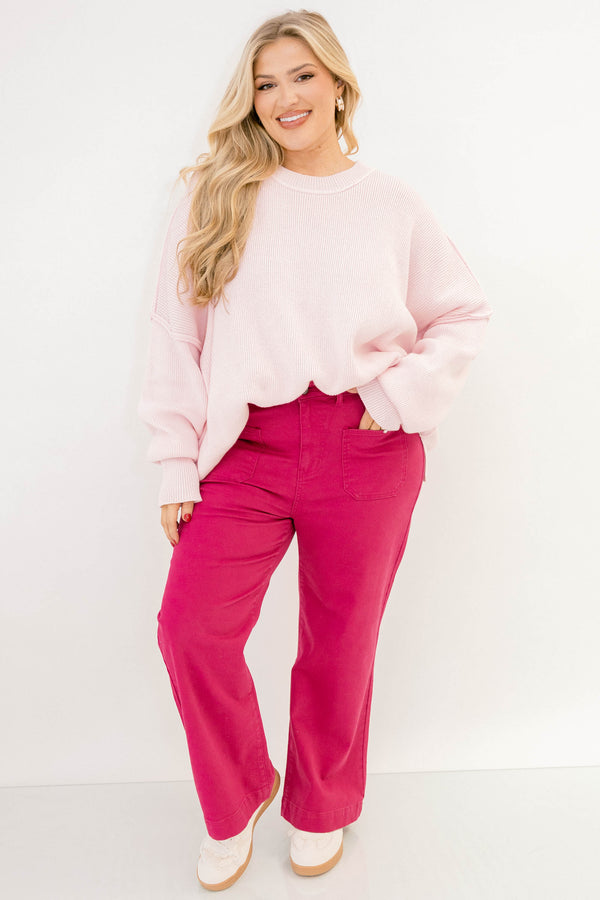 Chic Soul plus size clothing, hot pink straight leg jeans with front sailor pockets and a finished hem