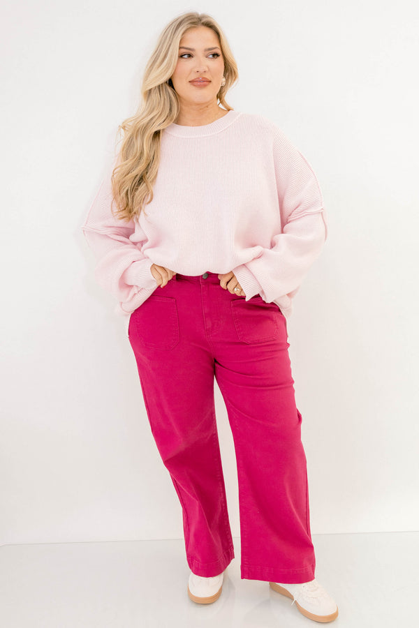 Chic Soul plus size clothing, hot pink straight leg jeans with front sailor pockets and a finished hem