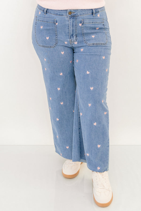 Chic Soul plus size clothing, denim jeans with front pockets and small pink embroidered hearts
