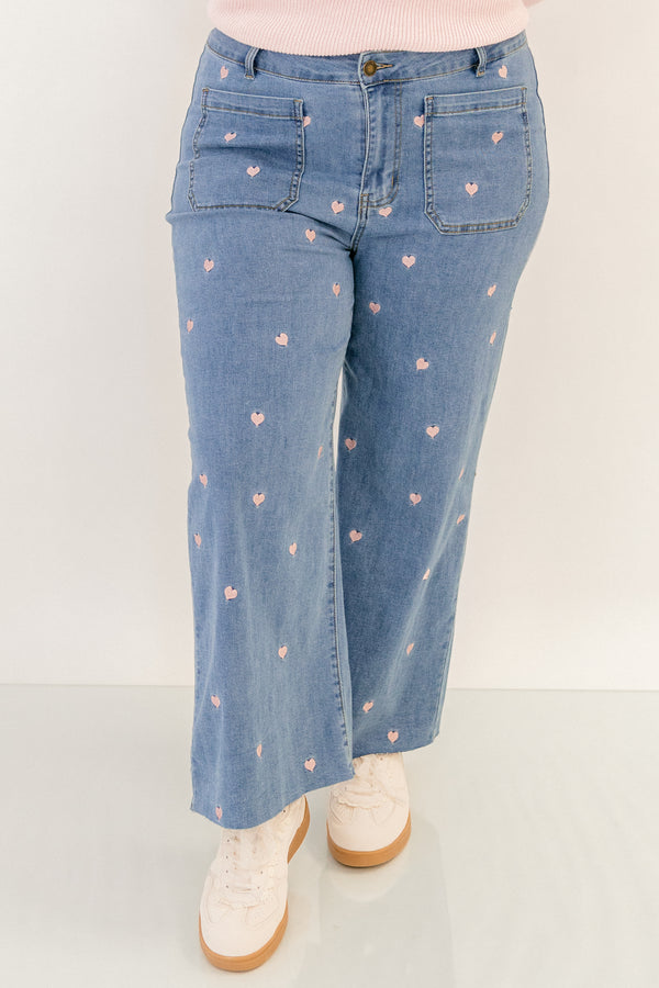 Chic Soul plus size clothing, denim jeans with front pockets and small pink embroidered hearts