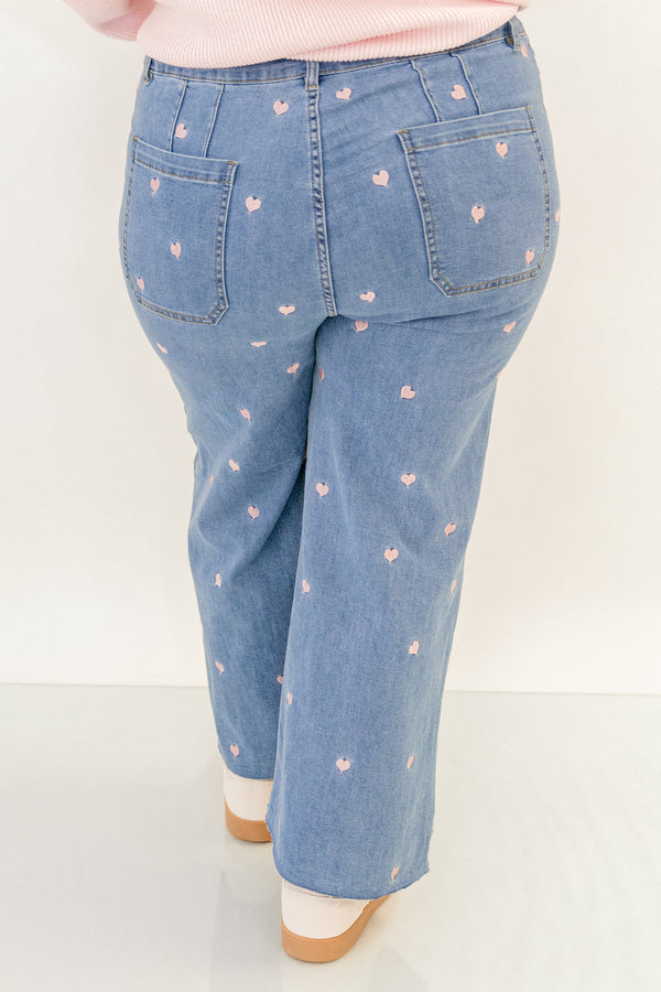 Chic Soul plus size clothing, denim jeans with front pockets and small pink embroidered hearts