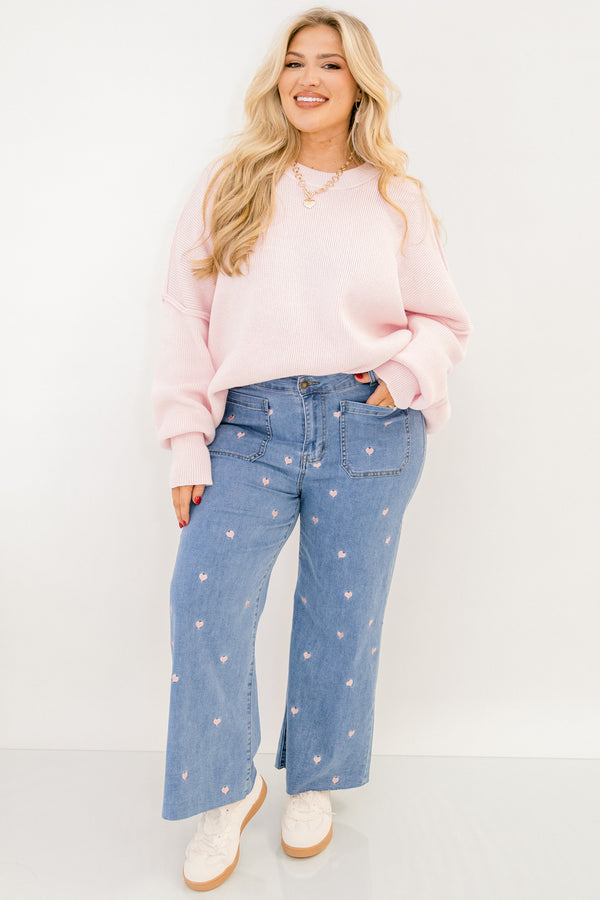 Chic Soul plus size clothing, denim jeans with front pockets and small pink embroidered hearts