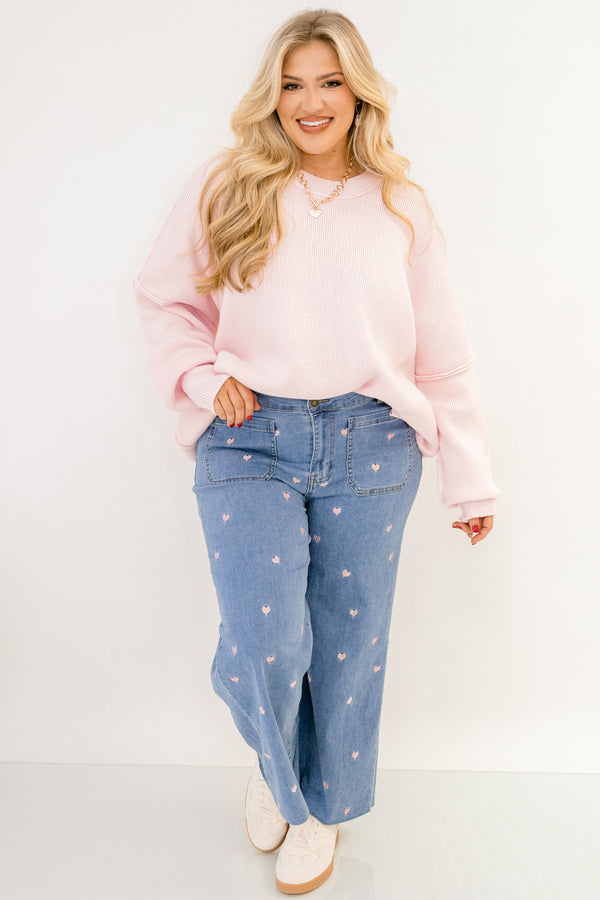 Chic Soul plus size clothing, denim jeans with front pockets and small pink embroidered hearts