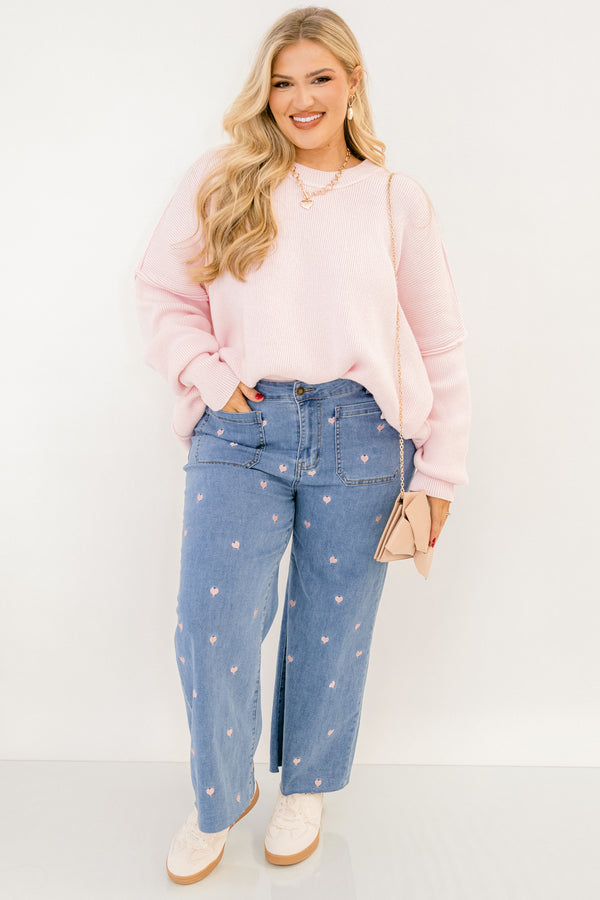 Chic Soul plus size clothing, denim jeans with front pockets and small pink embroidered hearts