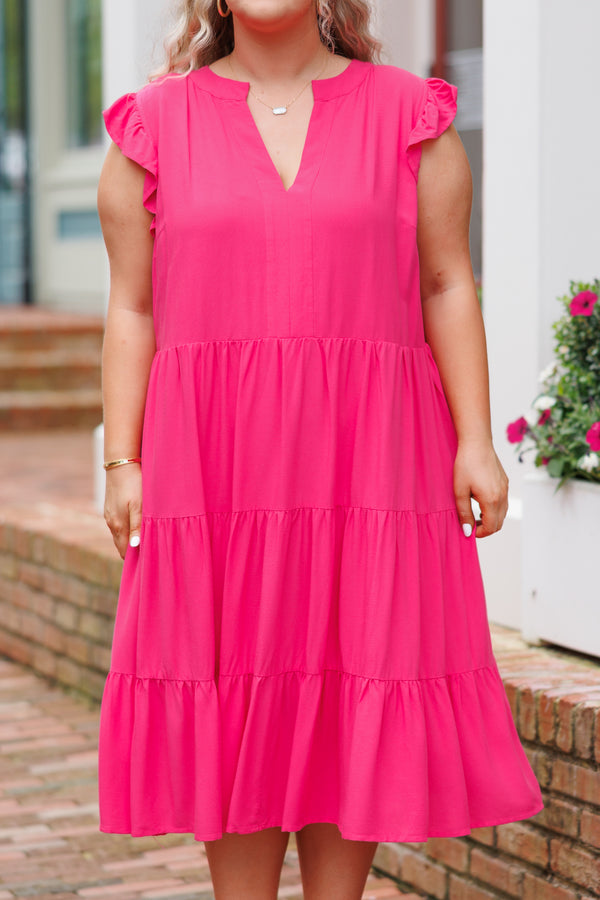 Chic Soul plus size clothing, hot pink tiered midi dress with a deep v neck and flutter sleeves