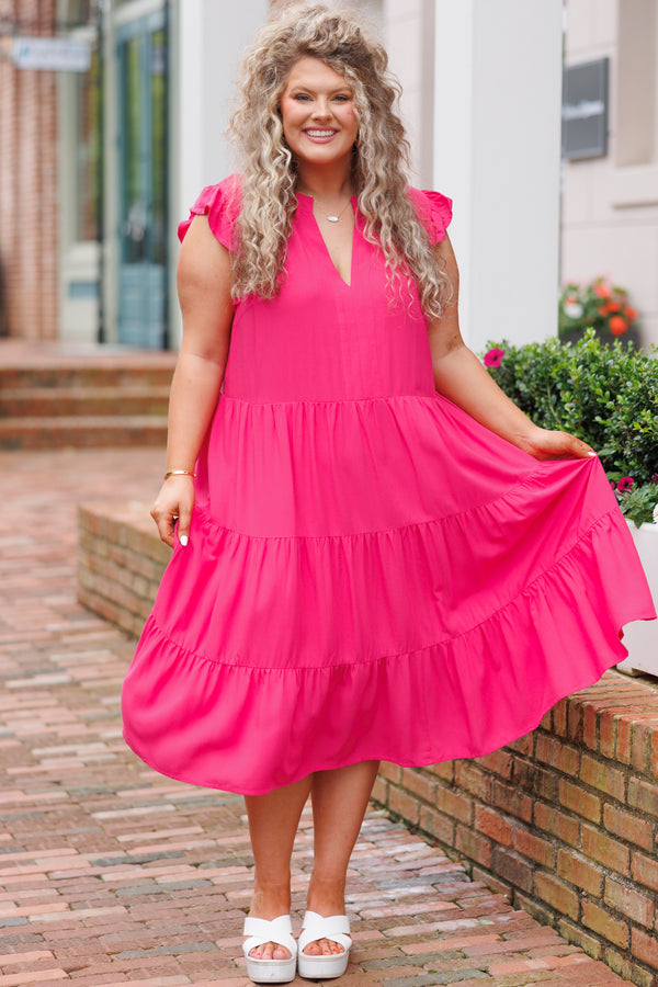 Chic Soul plus size clothing, hot pink tiered midi dress with a deep v neck and flutter sleeves