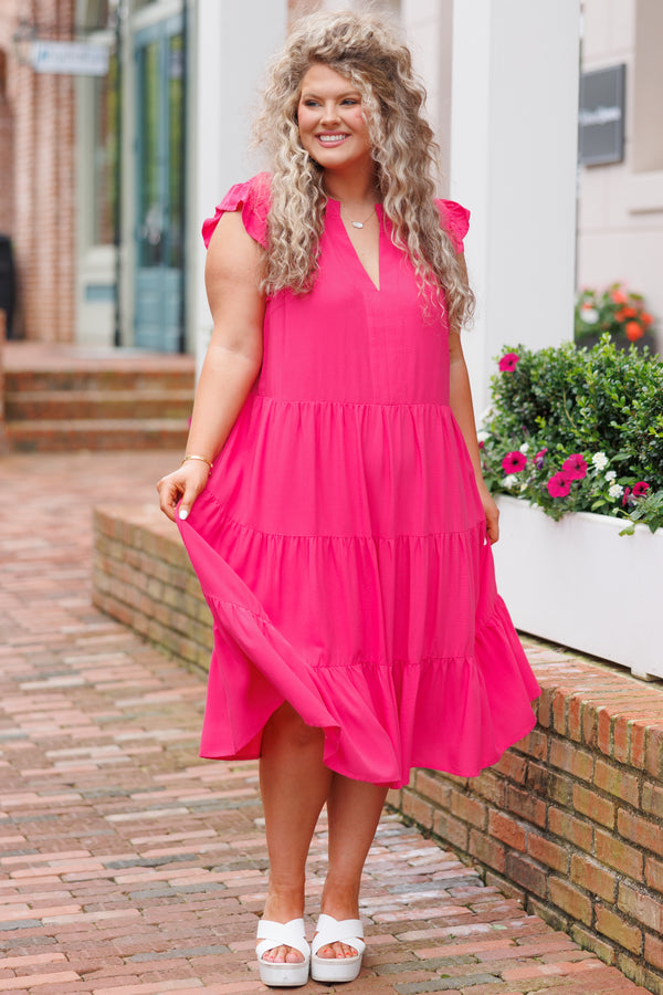 Chic Soul plus size clothing, hot pink tiered midi dress with a deep v neck and flutter sleeves