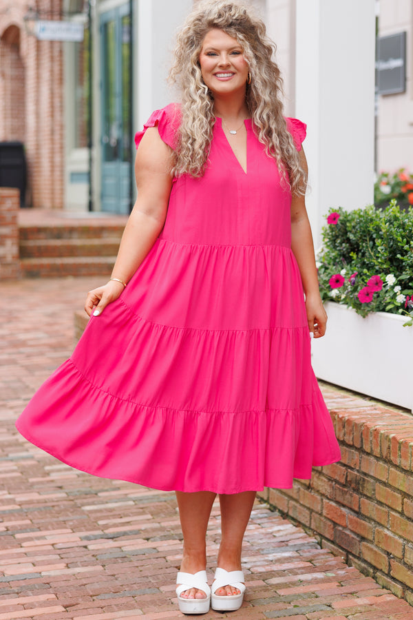Chic Soul plus size clothing, hot pink tiered midi dress with a deep v neck and flutter sleeves
