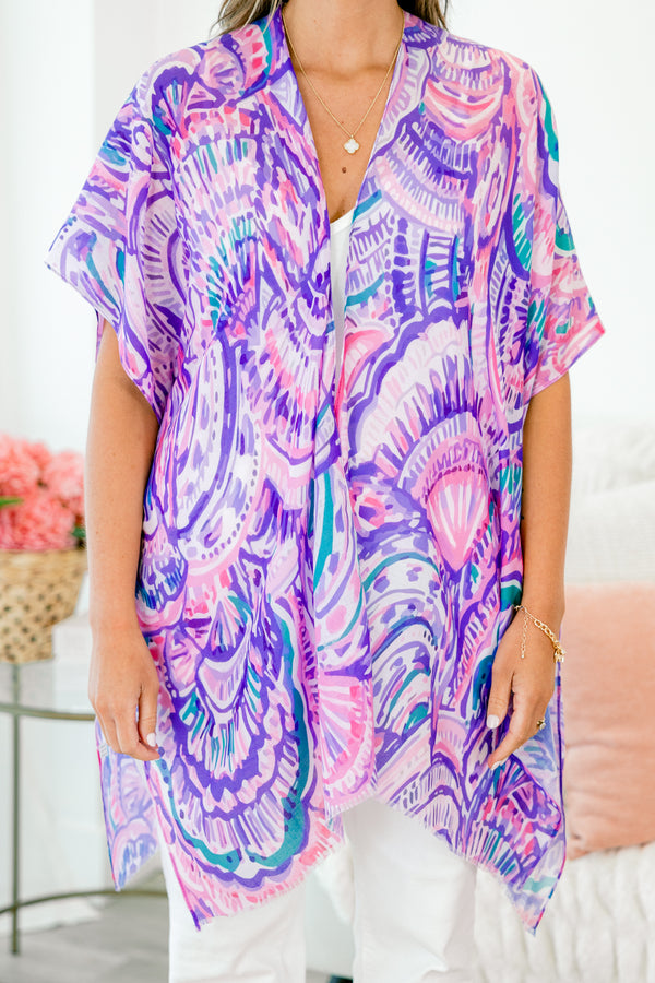 Chic Soul plus size clothing, short sleeve vibrant pink-blue kimono with purple swirled pattern 
